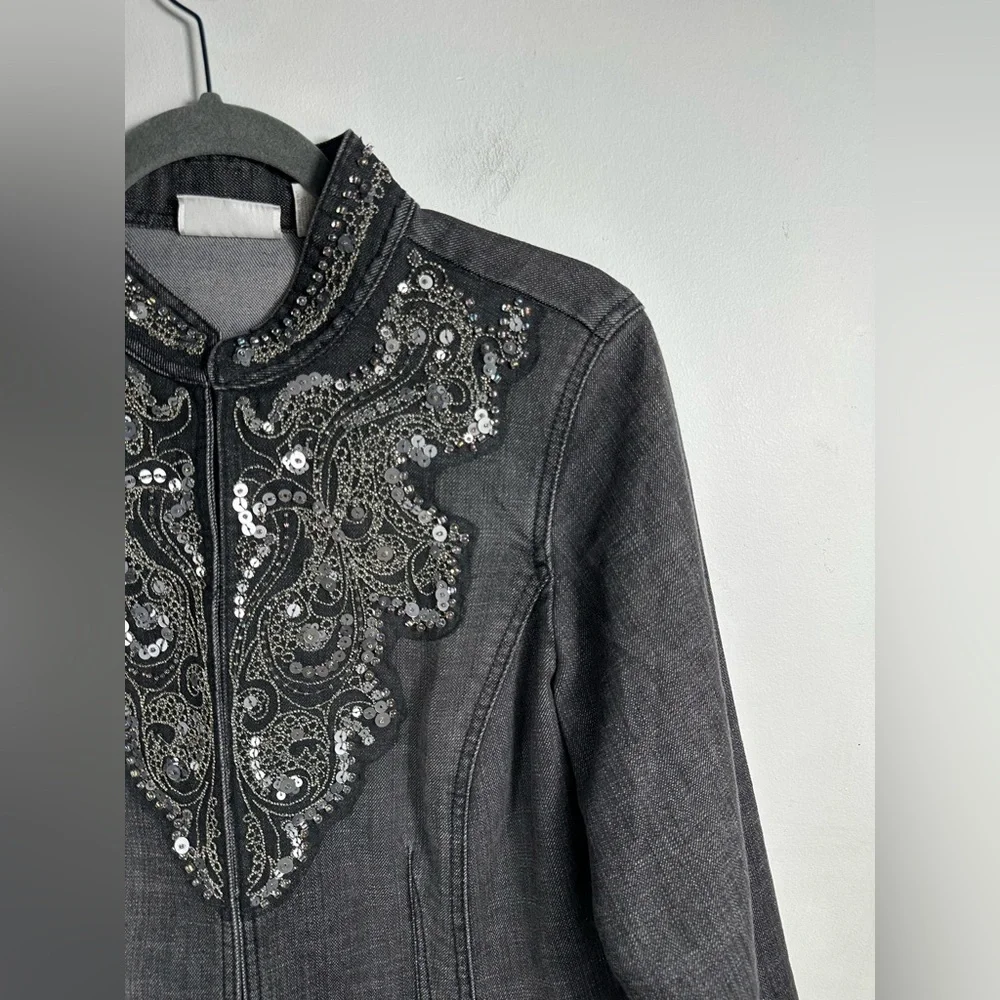 Chico’s Embellished Denim Jacket Gray Beaded Sequin Zip Women’s‎ Size 1